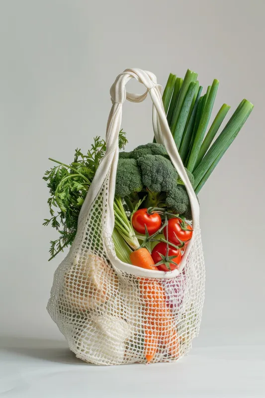 Сетка со свежими продуктами на белом фоне, свободное место для текста, для путешественников и здоровых альтернатив