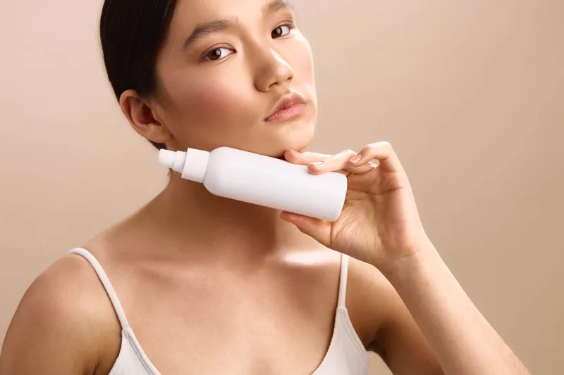 Asian woman applies skincare product from a white tube, posing against a soft beige backdrop. The scene conveys calm self care, healthy skin, and focused routine, highlighting a modern skincare