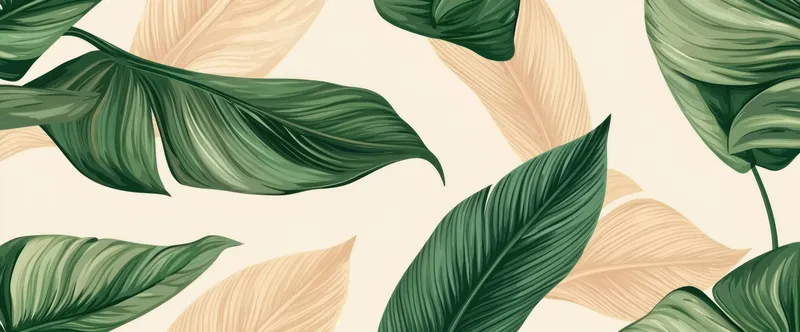Этот пышный фон из тропических листьев отличается яркими зелеными и мягкими бежевыми тонами