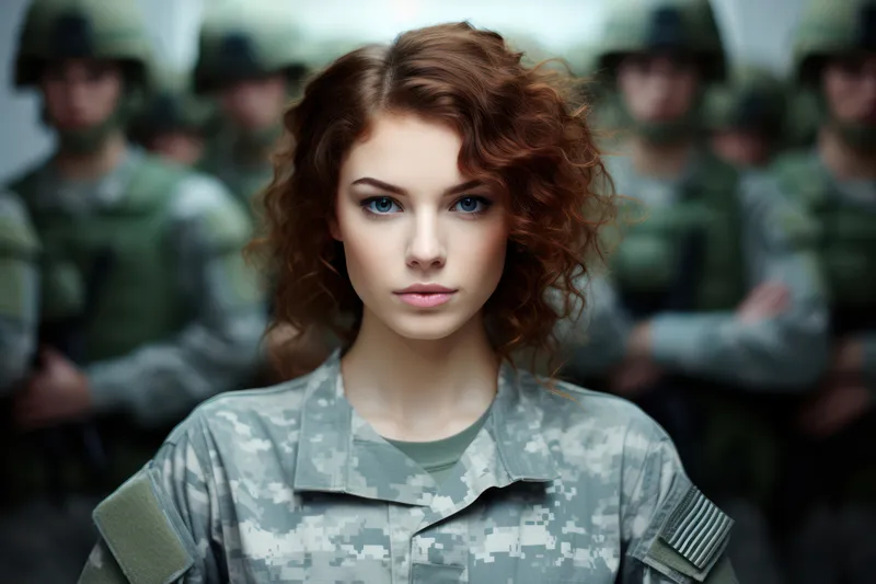 Женщины-воины: грациозная сила молодых солдат в военной форме, вооруженных винтовками и пистолетами, стоящих в зеленом камуфляже, готовых к действию