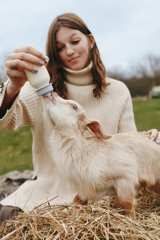 Young woman in a cream turtleneck sweater feeds a baby goat with a bottle outdoors in a green field, capturing a warm and natural lifestyle moment.