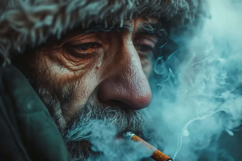 Крупный план пожилого мужчины, курящего сигарету, изо рта которого выходит дым