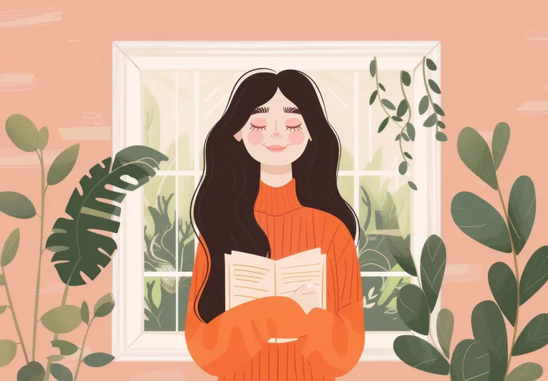 Спокойная женщина с длинными волосами держит книгу, стоя у окна, украшенного растениями