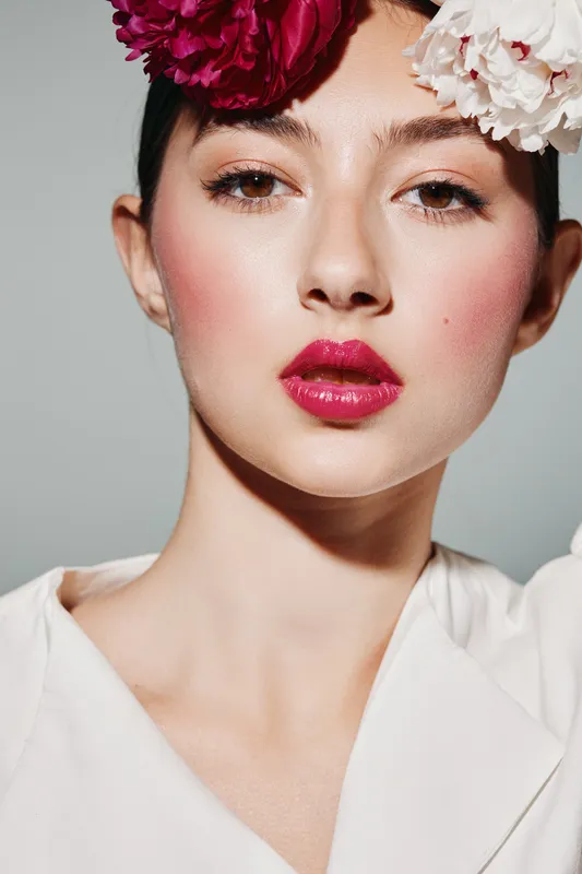Close-up portrait of a woman with bright pink glossy lips and vibrant floral hairstyle. Stylish makeup highlights her cheekbones in creative beauty fashion concept.