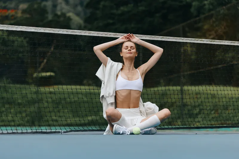 Young female athlete relaxing on a tennis court, wearing sporty attire, exhibiting calmness with a serene expression, green background enhancing active lifestyle