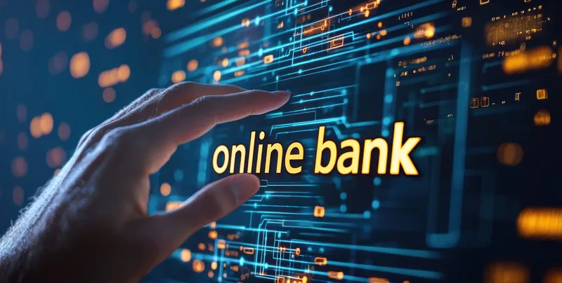 Крупный план руки, тянущейся к подсвеченному тексту «online bank» на футуристическом цифровом фоне