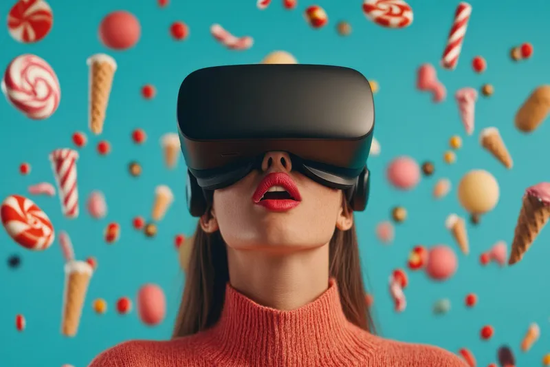 Веселая молодая женщина в VR-гарнитуре погружается в игровой конфетный мир
