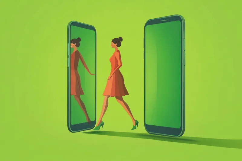 Модная женщина в элегантном платье шагает сквозь два смартфона, символизируя цифровую вовлеченность и современную коммуникацию на ярком зеленом фоне