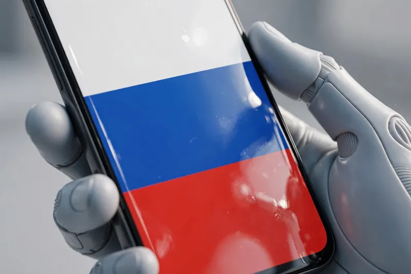 3D-рендер: роботизированная рука держит смартфон с флагом России