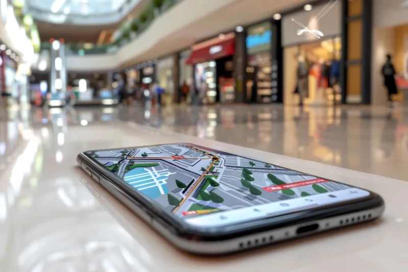 Современный смартфон с функцией GPS на столе в торговом центре