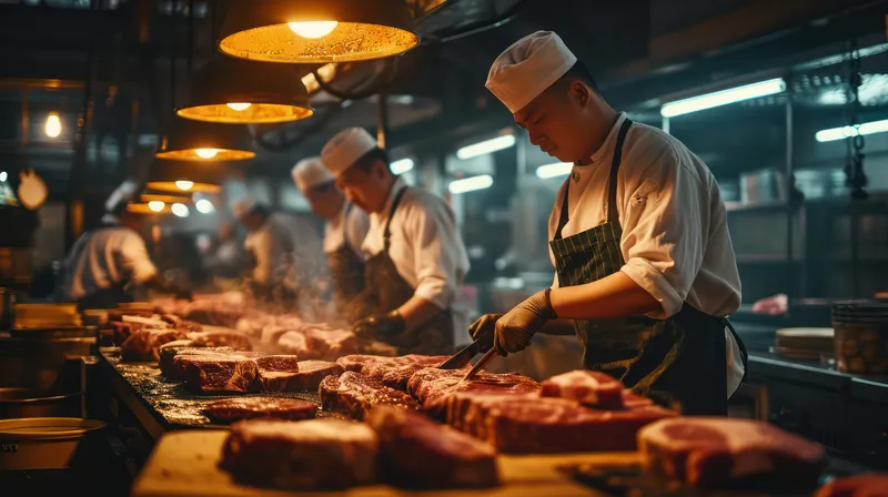 Профессиональный мясник-мужчина европеоидной расы готовит свежее красное мясо в небольшом магазине деликатесов, работая в качестве мясника