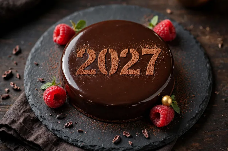 Шоколадный торт с цифрами 2027 и малиной на сланцевой тарелке