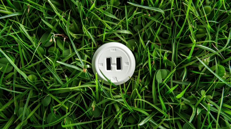 Белое зарядное USB-гнездо в окружении яркой зеленой травы иллюстрирует концепцию устойчивых технологий и природы