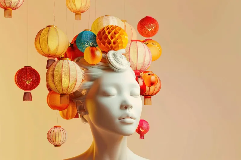Голова женщины, украшенная разноцветными бумажными фонариками, в 3D-рендеринге для художественной и модной фотосессии