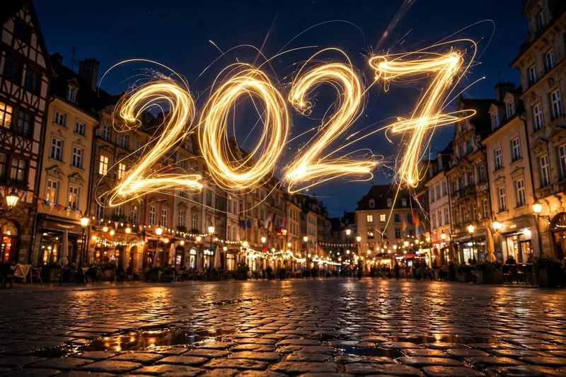 Светящиеся цифры 2027 над вечерней площадью старого города