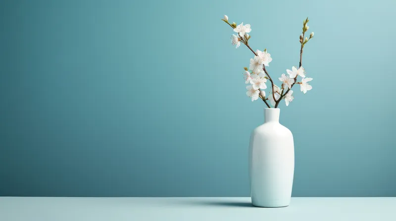 На деревянном столе стоит букет белых весенних цветов на фоне синего floral узора