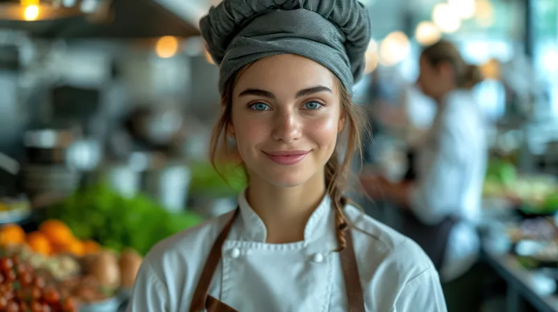 Улыбающаяся женщина-шеф-повар держит вкусное блюдо, уверенно стоя на кухне пекарни