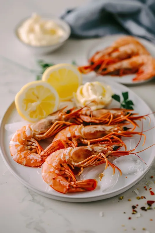 Вкусное блюдо из морепродуктов с креветками и лимоном, поданное с маслом и дольками лимона на белой тарелке