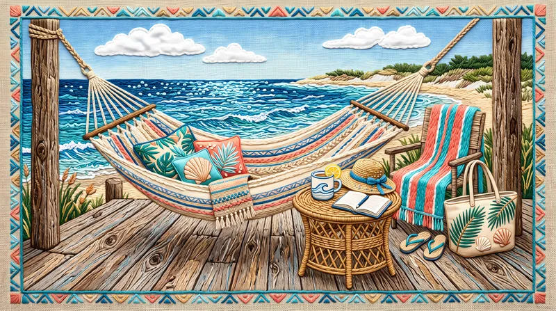 Текстильная вышивка, заполняющая кадр, с изображением пляжного гамака, соломенной шляпы и тропического напитка, с видимым направлением нитей и премиальным качеством поверхности ручной работы