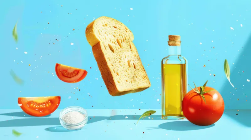 Вкусные ингредиенты, парящие на ярком синем фоне: ломтик хлеба, сочные помидоры и оливковое масло, подчеркивающие идеи свежего и здорового приготовления пищи
