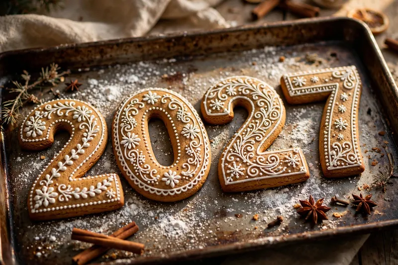 Пряничные цифры 2027 с узорами на противне