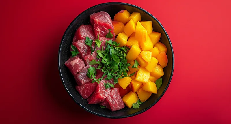 Миска с мясом и персиками на красном столе на красном фоне, аппетитная и яркая подача блюда
