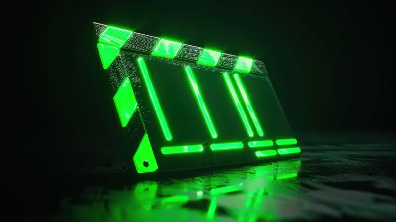 Светящаяся зеленая кинематографическая хлопушка стоит на темном фоне, подчеркивая свой современный дизайн и яркий цвет