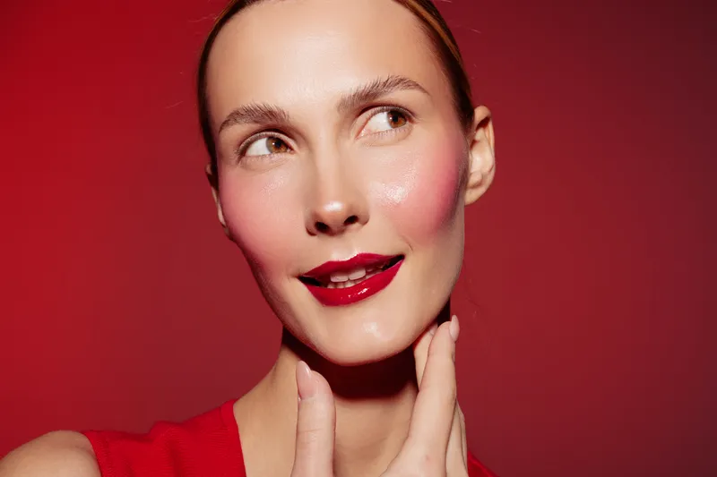 Close-up of a smiling woman with red lipstick and blush on her cheeks wearing a red top against a red background. Concept of beauty, makeup, and confident expression.