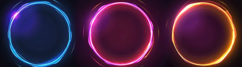 Три неоновых круговых огня синего, розового и оранжевого цветов на черном фоне, идеально подходящие для дизайнерских проектов