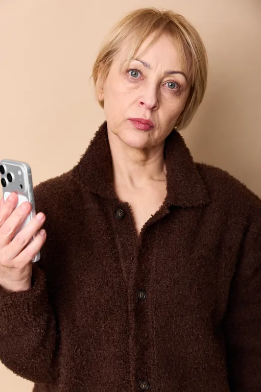 Woman holding smartphone in a studio portrait, mature face with focused gaze, wearing a dark wool coat. Beige background. Concept of communication, technology, daily life today.