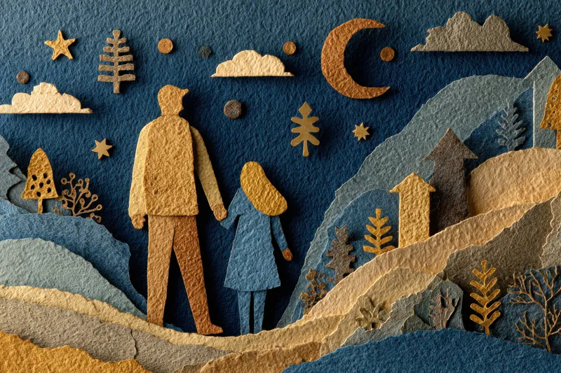 Мечтательная, тихая сцена вызывает чувство товарищества, нежности и воображения, когда фигуры прогуливаются по стилизованному пейзажу, выполненному из фактурной бумаги с мягкими голубыми, золотыми и…