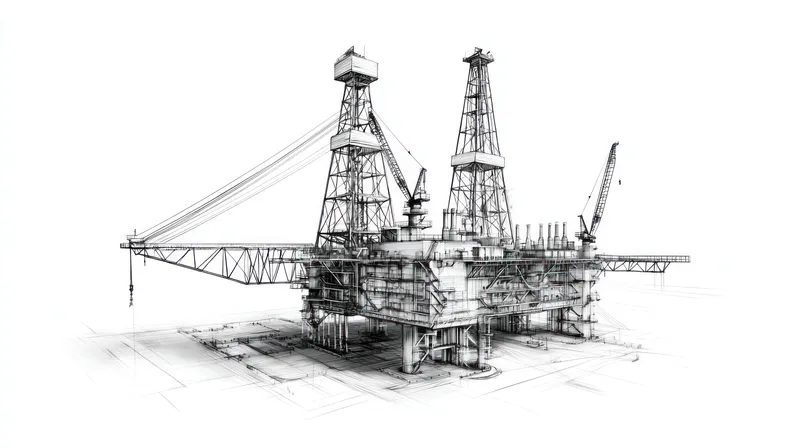 Детальная черно-белая иллюстрация нефтяной буровой установки со сложными элементами дизайна