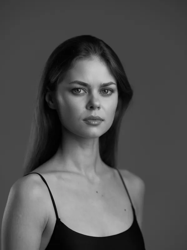Black and white portrait of a young woman with serious expression, natural lighting, and simple background