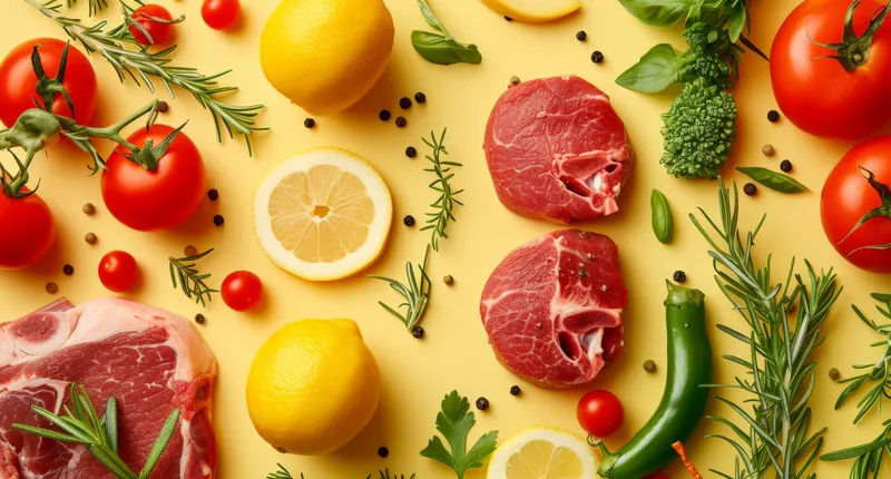 Ассорти из мяса, овощей и лимонов на желтом фоне с надписями «мясо» и «овощи»