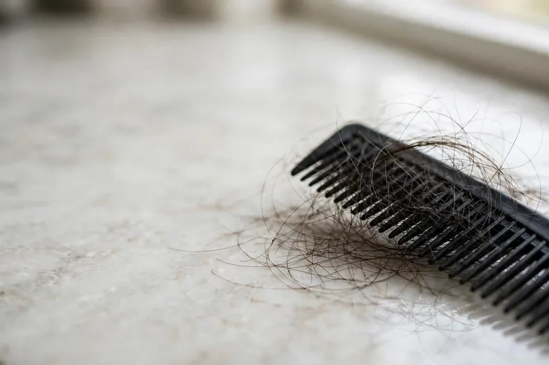 Черная расческа с выпавшими волосами лежит на светлом мраморном столе