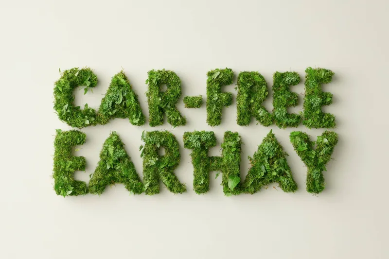 Буквы из зеленой травы, образующие надпись "Car free Earth Day" на нейтральном фоне, символизирующие экологическую осведомленность, устойчивость и экологичный образ жизни