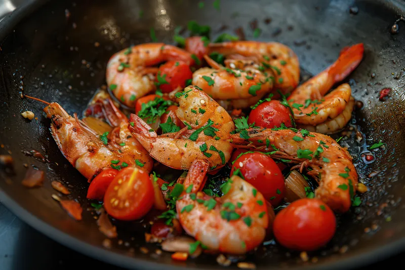 Вкусная закуска из жареных креветок: изысканное блюдо из морепродуктов с чесноком и лимоном на деревенской средиземноморской сковороде, крупный план