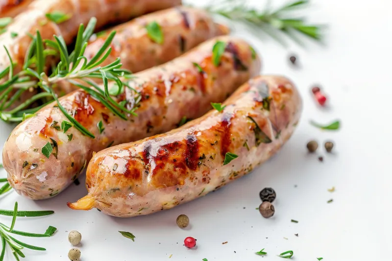 Сочные жареные сосиски с травами и горошинами перца, представленные на чистой белой поверхности