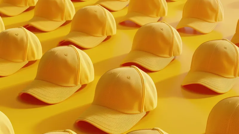 Несколько желтых бейсболок, выстроенных в ряд на ярком желтом фоне, 3D-изображение