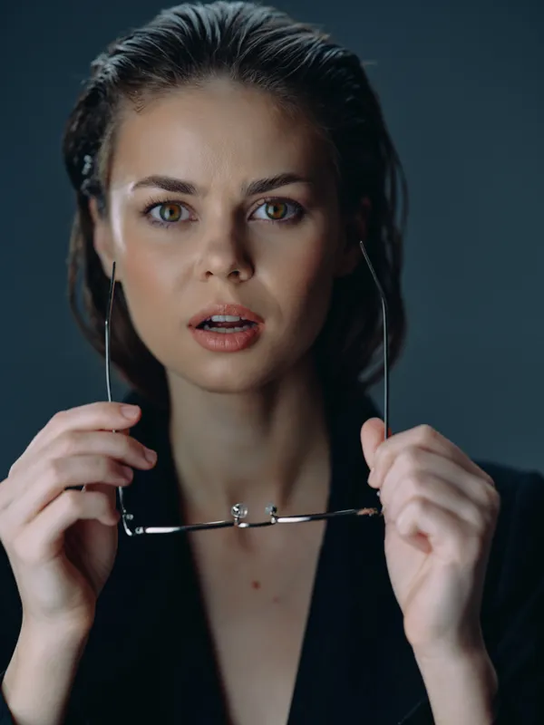 Surprised woman holding glasses with open mouth, dark background, intense expression, close-up portrait.