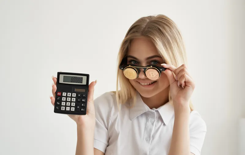 Блондинка в очках с калькулятором в руках на фоне криптовалюты Bitcoin и финансов