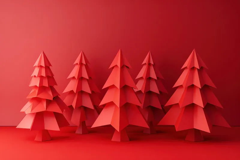 Украшения из рождественских ёлок на красном фоне с местом для текста и 3D-эффектом
