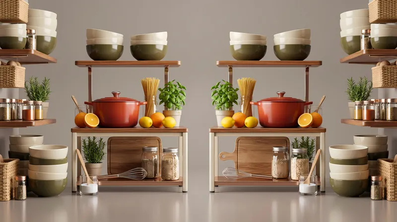 Глянцевая 3D-кухонная композиция с кухонной утварью, ингредиентами и кладовыми предметами, симметрично расположенными для фонов упаковки, брендинга или декора