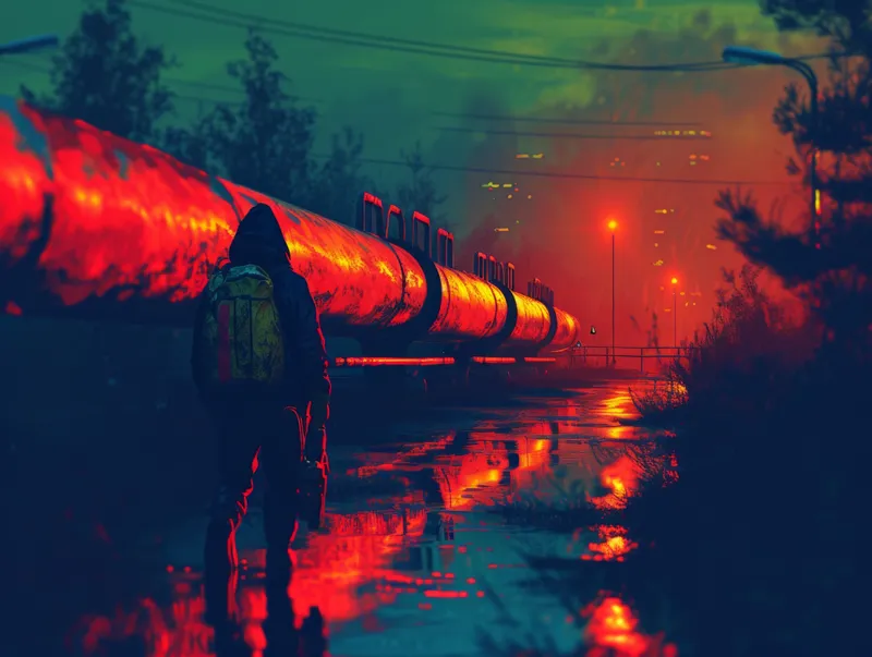 Мужчина с рюкзаком стоит перед освещённым нефтепроводом ночью, на фоне городского горизонта