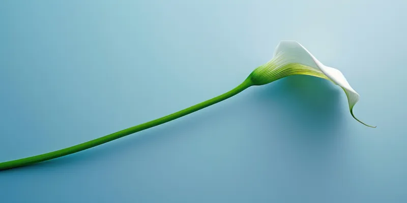 Элегантный белый цветок каллы на голубой поверхности с зеленым стеблем и длинными лепестками для темы красоты и искусства