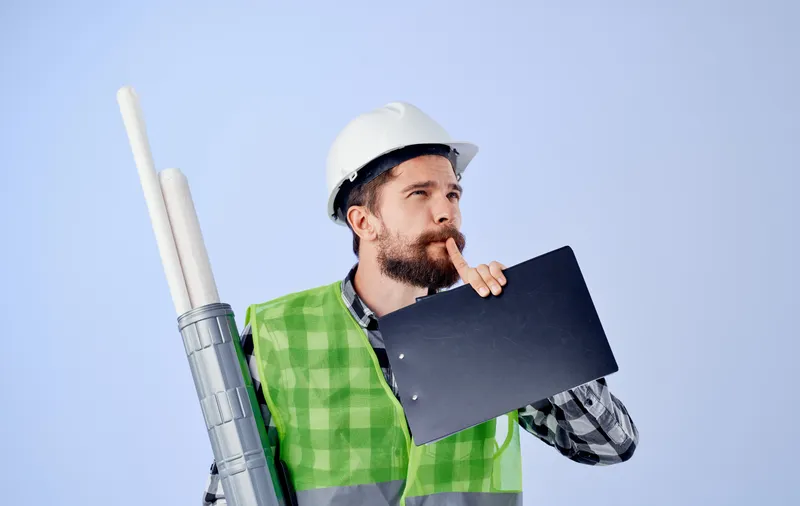 Инженер в белой каске работает с чертежами на строительной площадке