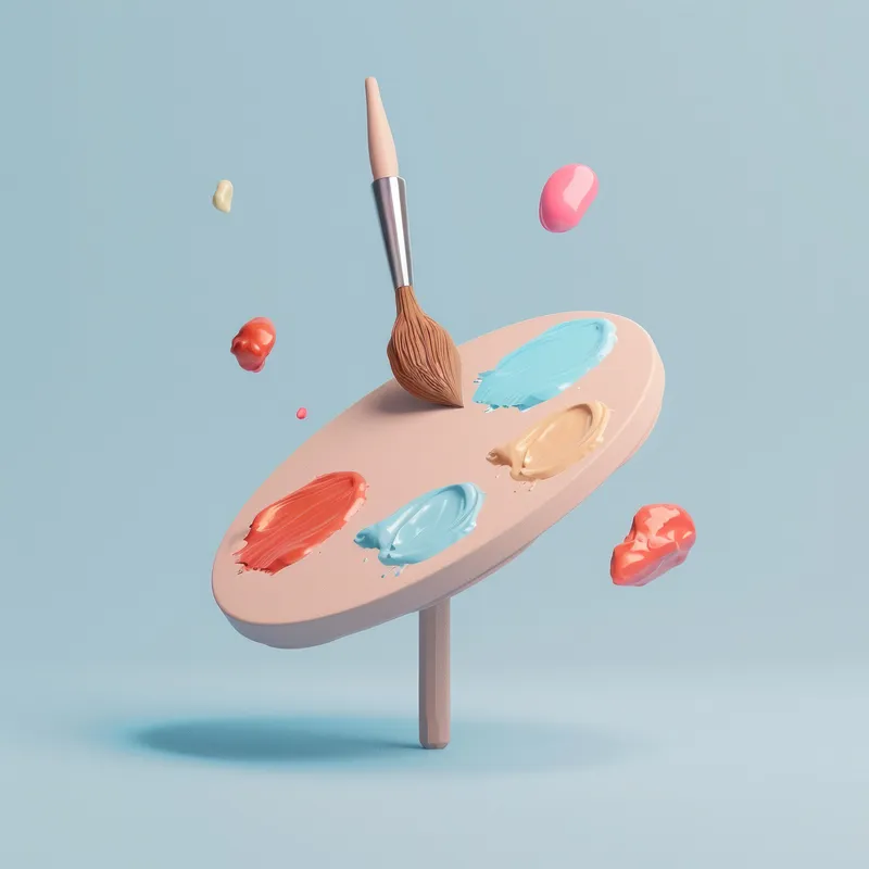 Кисть и палитра на синем фоне, 3D-иллюстрация художественных принадлежностей для творческих проектов и дизайна