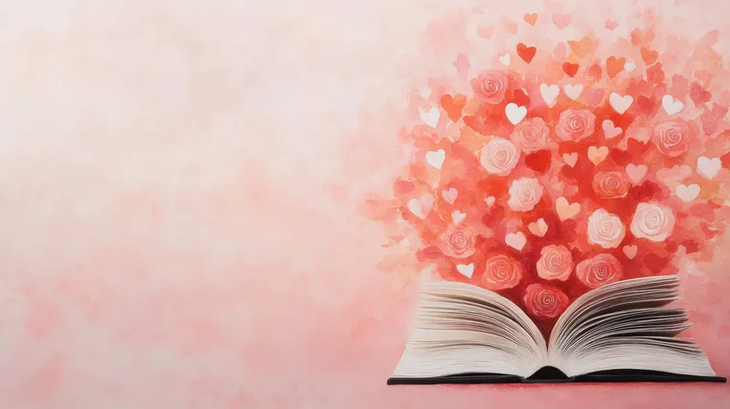 Открытая книга с красочным взрывом роз и сердец, символизирующая любовь и страсть на мягком пастельном фоне