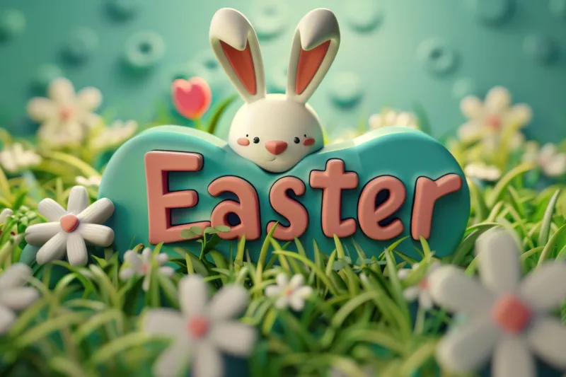Милый пасхальный кролик в зеленой траве с 3D-иллюстрацией слова Easter в весенней тематике