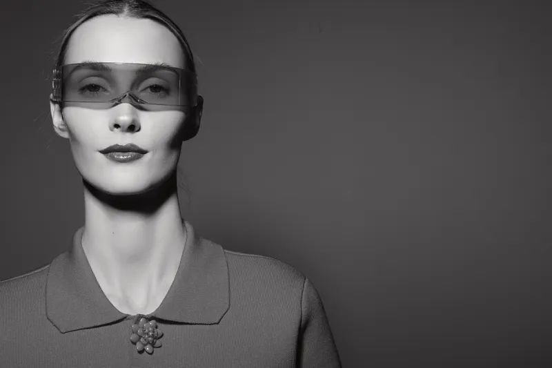 Elegant white woman with fair skin wearing futuristic translucent glasses and textured top against dark background. Concept for fashion, style, and modern eyewear.